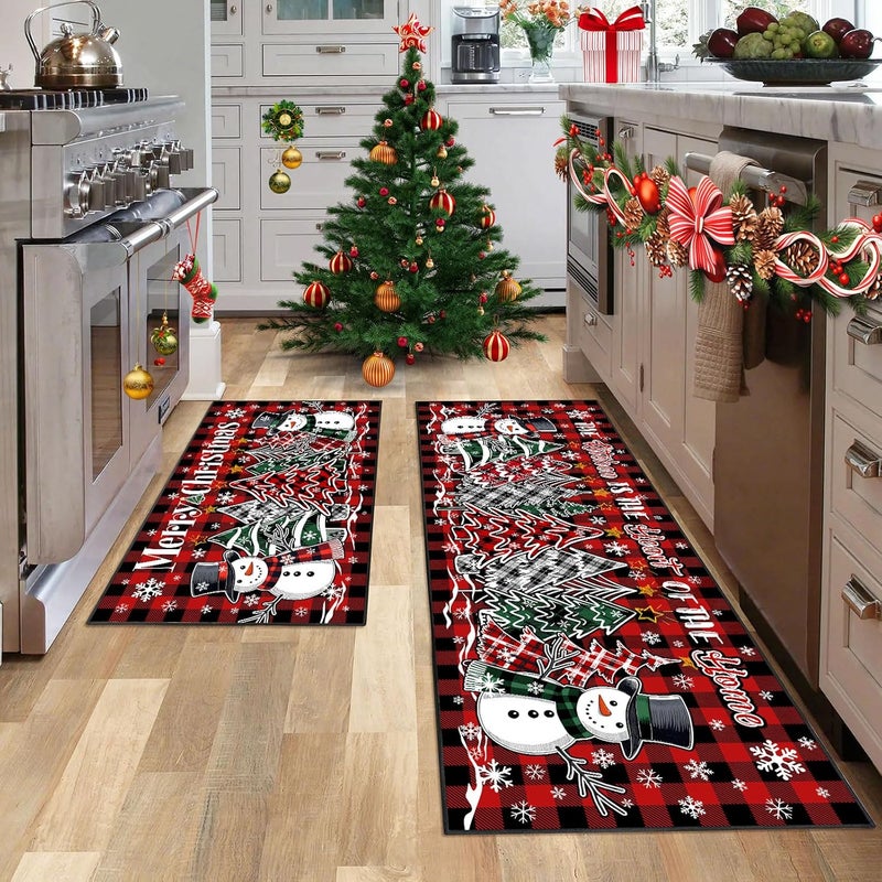 UYDOXCU Merry Christmas Kitchen Rugs and Mats Set of 2, Buffalo Plaid Winter Xmas Holiday Home Kitchen Decor Floor Mats, Washable Non-Slip Sink Carpet (Christmas 1, 17"x47"+17"x30") - Image 1